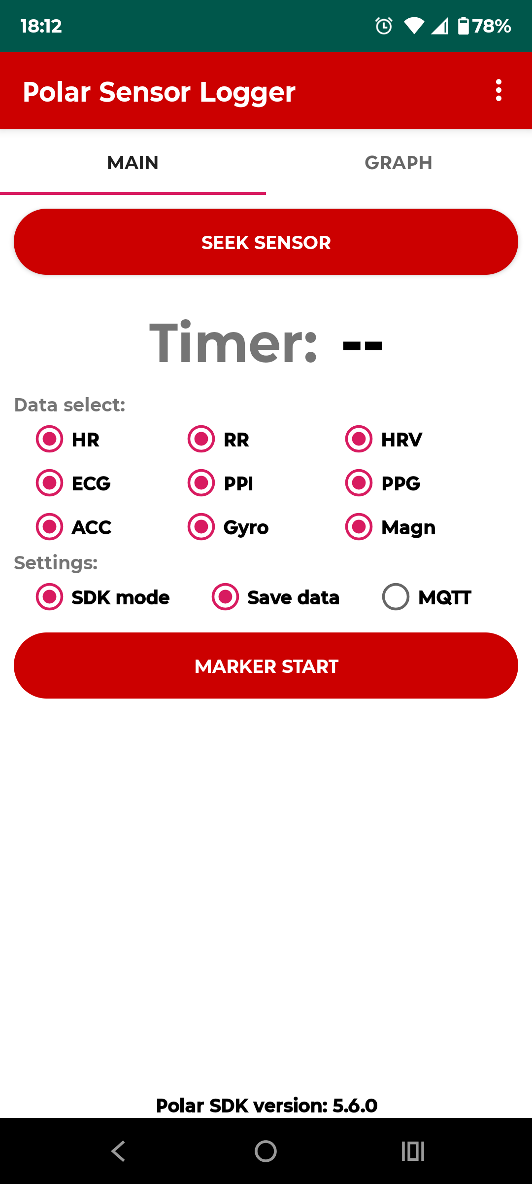 Polar Sensor Logger main screen with data streams and settings selected