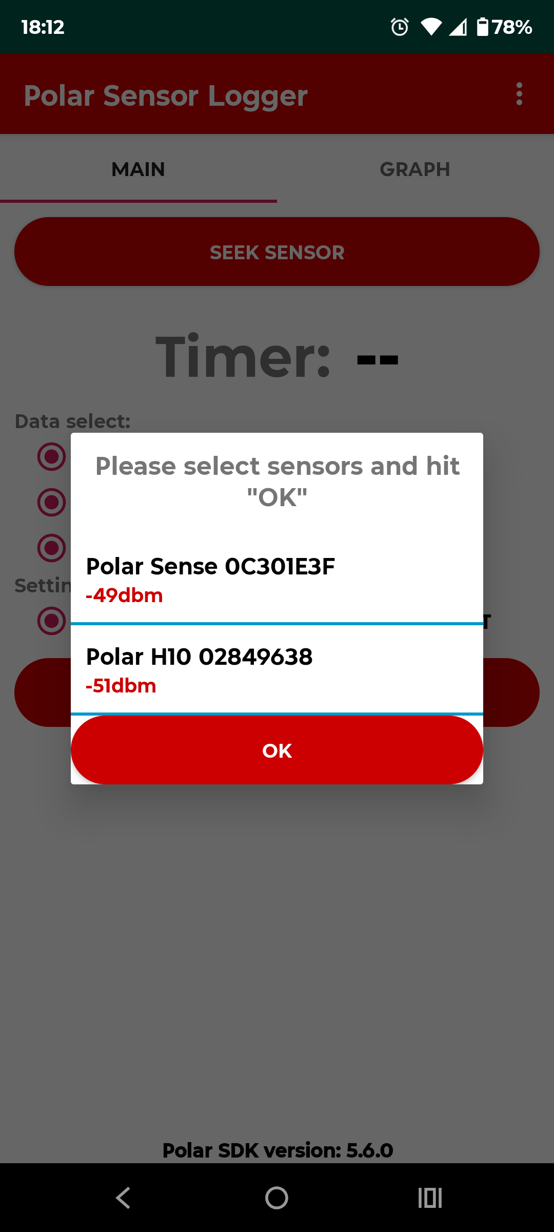 Seek sensor dialog listing nearby Polar devices with signal strength