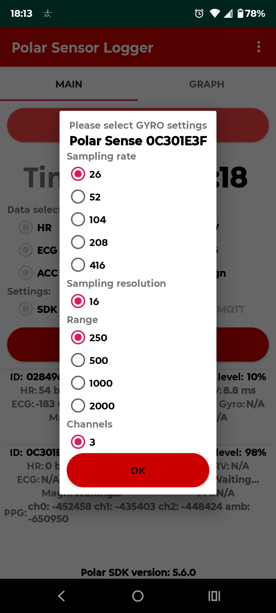 Per-stream settings dialog for the magnetometer with sampling rate and range