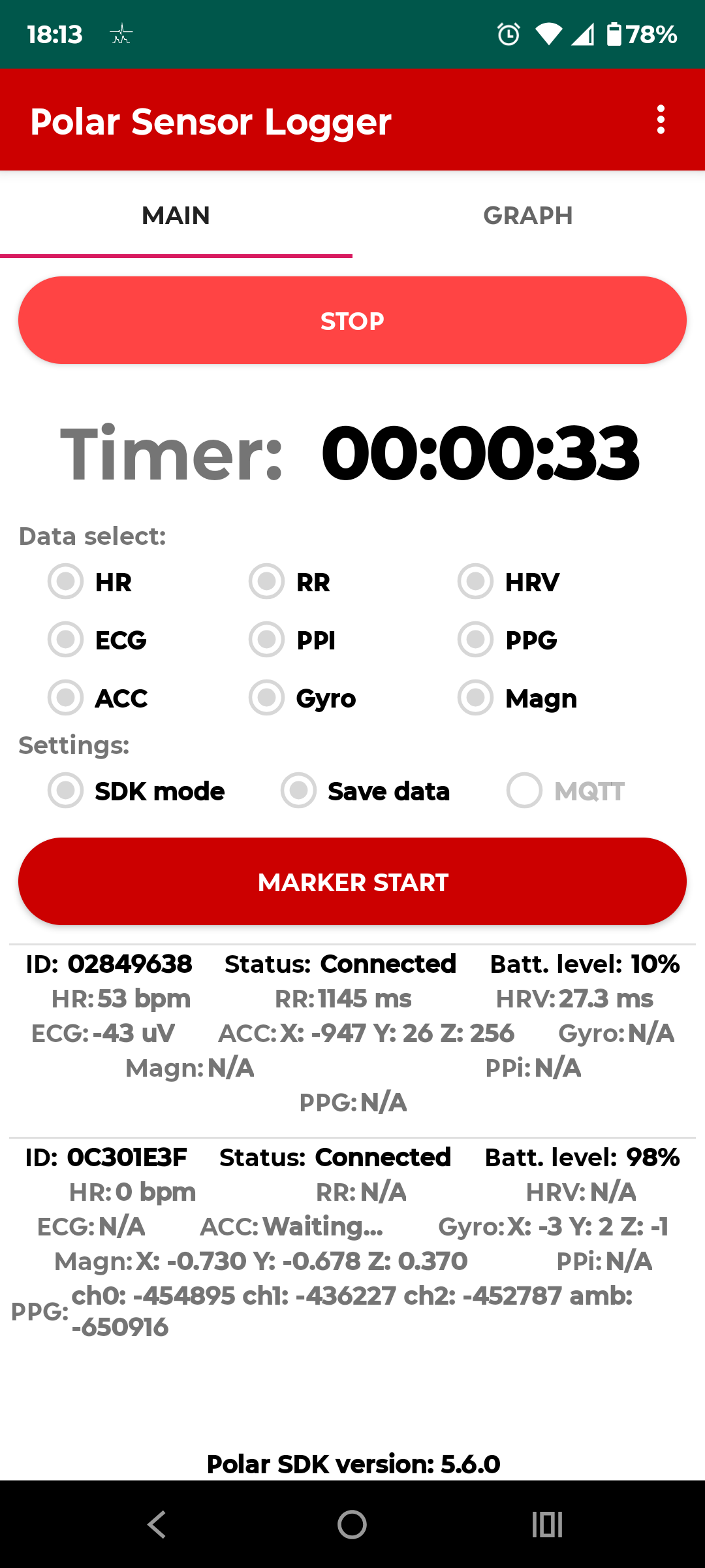 Recording in progress, timer counting, live values streaming from both sensors