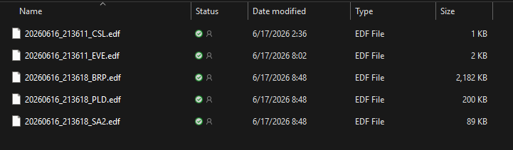 Windows folder listing five EDF files from one CPAP night: CSL, EVE, BRP, PLD and SA2, all sharing the 20260616 prefix