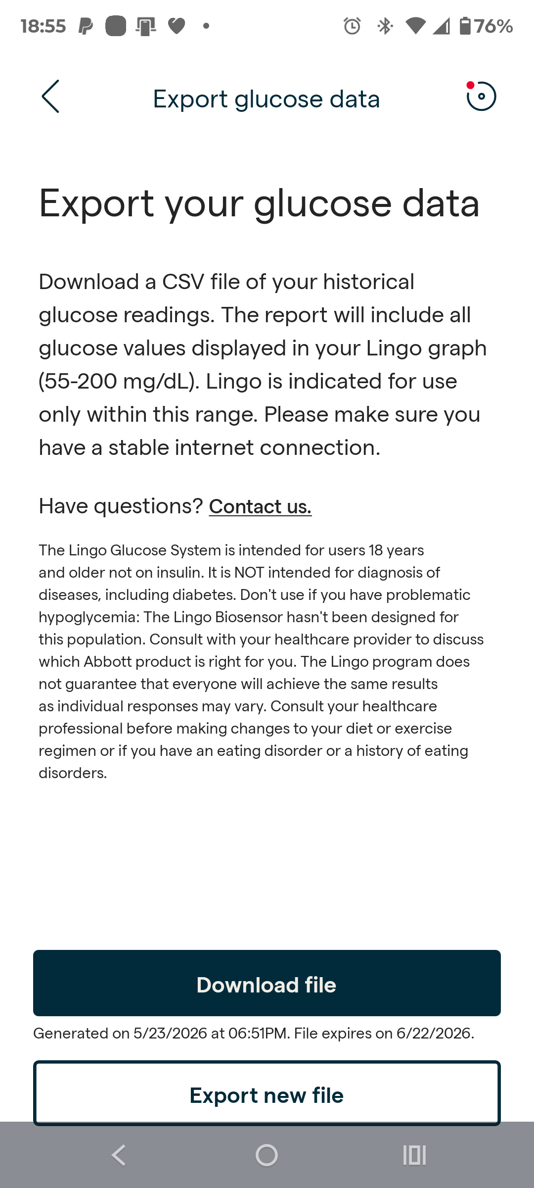 Lingo Export glucose data screen with Download file and Export new file buttons