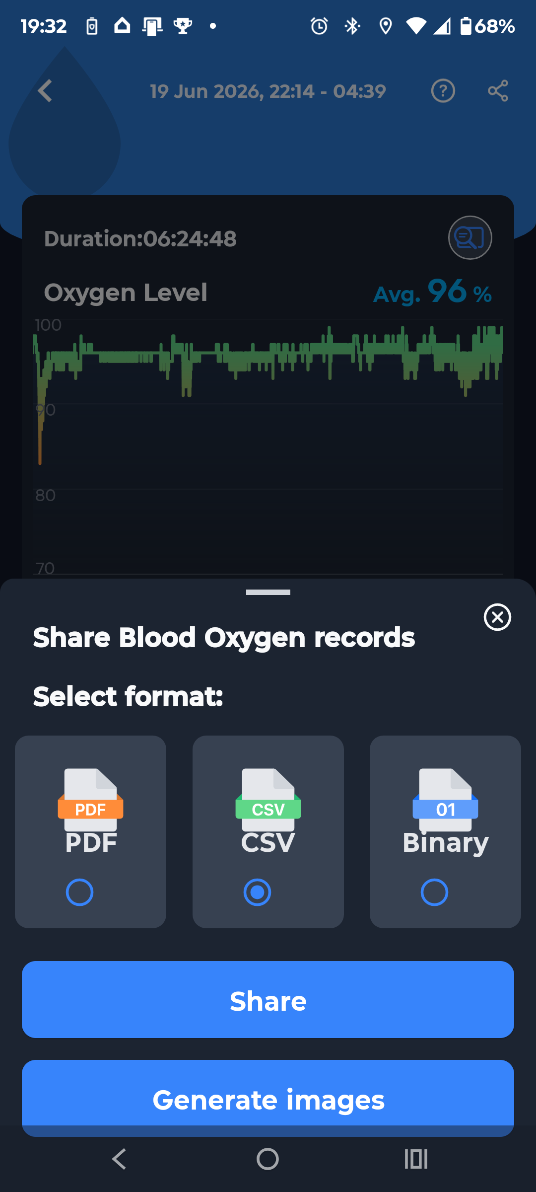 ViHealth Share Blood Oxygen records dialog with PDF, CSV and Binary format options, CSV selected
