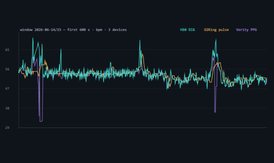 Three-device overlay — H10 ECG, O2Ring pulse and Verity raw-PPG HR, first ~600 aligned seconds of a clean window